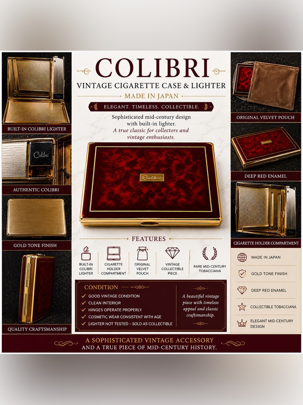 Colibri Vintage Cigarette Case & Lighter — Deep Red with Gold Trim
